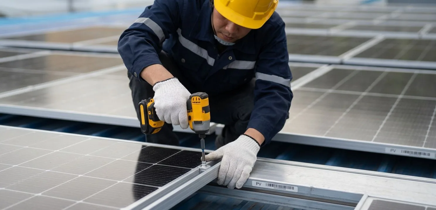 Técnico montando paneles solares en una finca de Pinoso